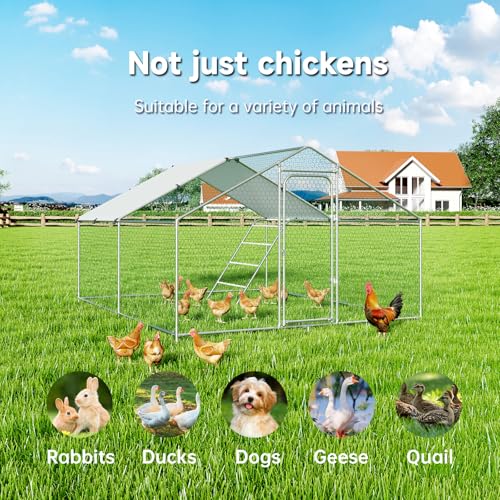 Large Metal Chicken Coop, Chicken Run Poultry Cage Hen with Water-Resident and Anti-UV Cover for Duck Rabbit House Outdoor Walk-in Chicken Pen for Yard, Dome Roof(10’ W x 19.7’ L x 6.4’ H)