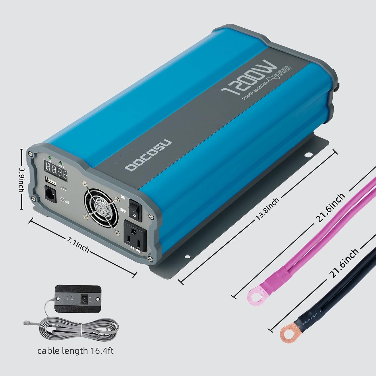 DOCOSU 1200W Power Inverter Pure Sine Wave 1200Watt Power Converter DC 12V to AC 110V Inverter Charger with LED Display 2.4A USB Port AC Outlet for Car Emergency RV Boat Vehicle Marine Auto
