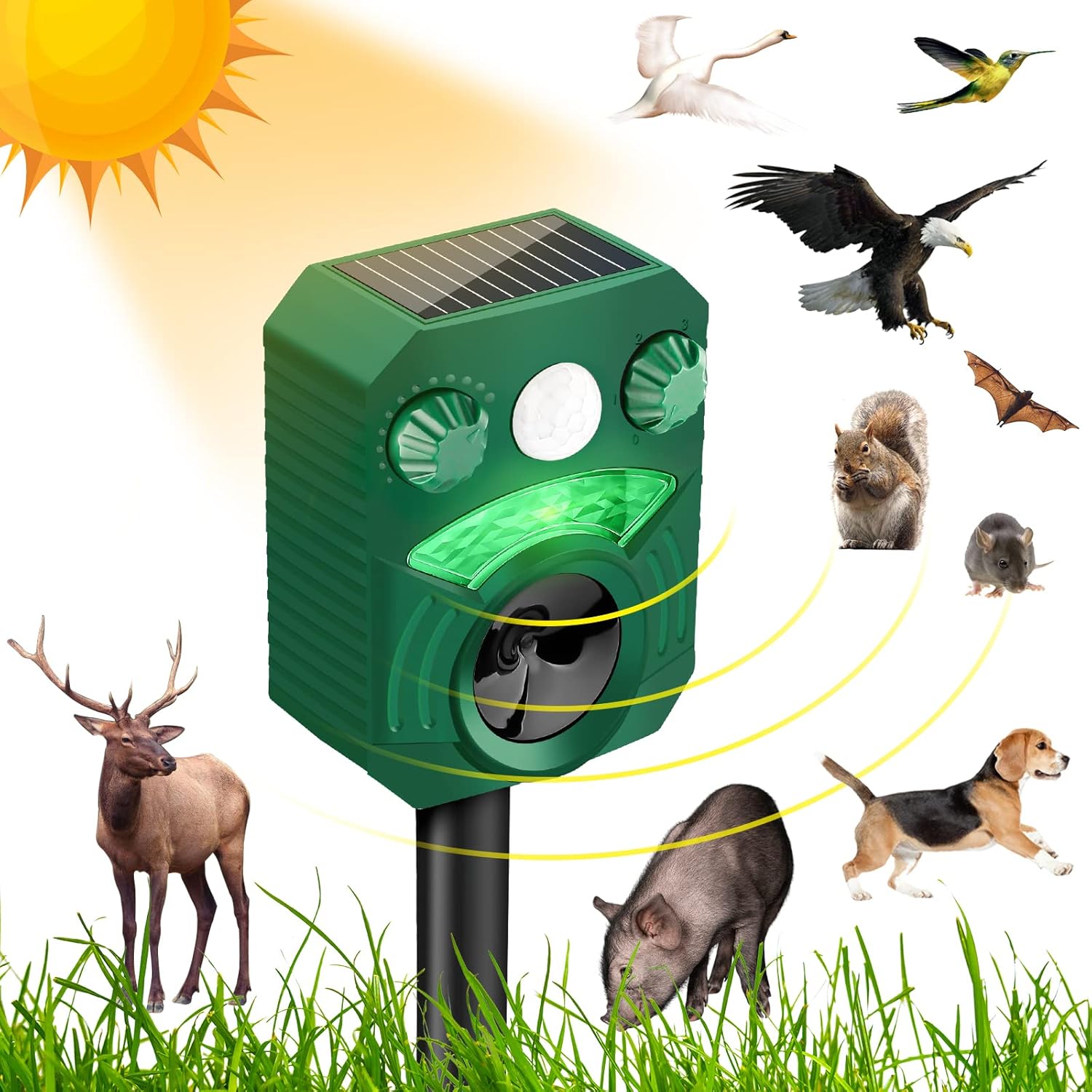 Solar Animal Repeller Ultrasonic Outdoor,Deer Repellent Devices for Garden,Deterrent with Motion Sensor & Strobe ,Big Coverage 1600sq.ft, Repel for Squirrel,Cat,Snake,Rabbit,Dog,Mice,Rat,Rodent,Etc.