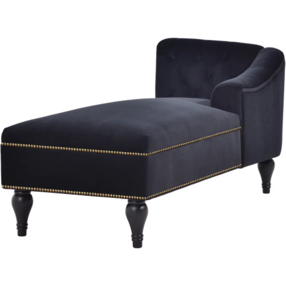 8" Velvet Chaise Lounge,Button Tufted Right Arm Facing Lounge Chair with Nailhead Trim & Solid Wood Legs for Living Room or Office, Sleeper Lounge Sofa (Black)