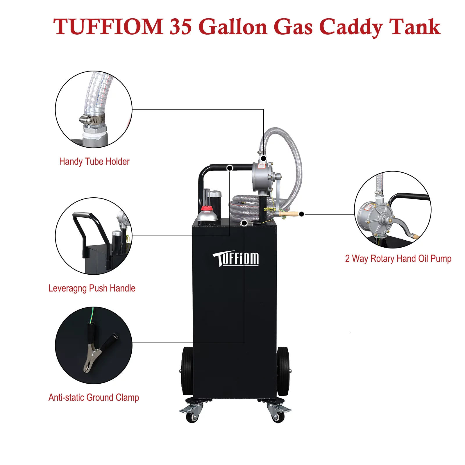 TUFFIOM 35 Gallon Gas Caddy with Hand Pump & Wheels, Gasoline Diesel Transfer Tank