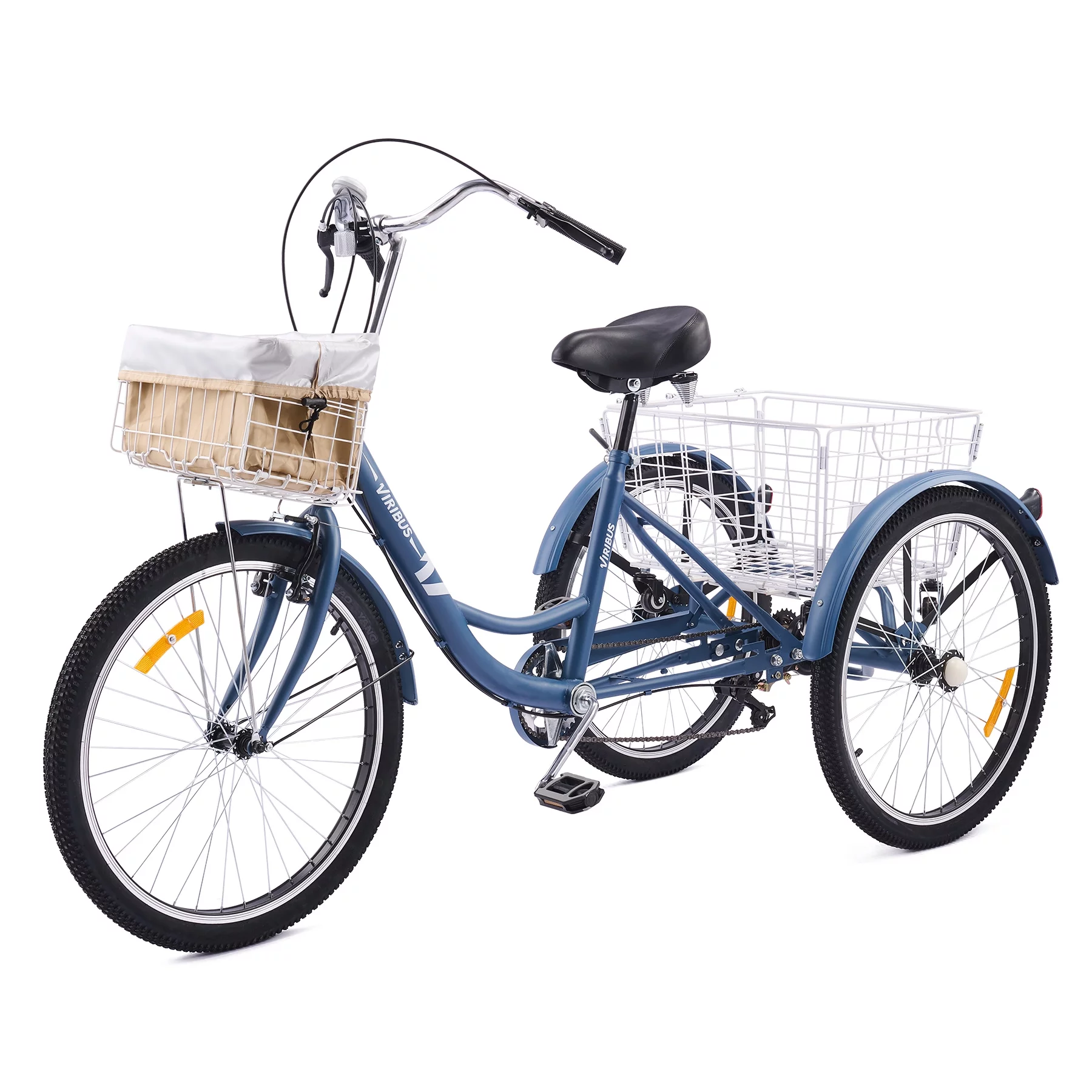 VIRIBUS 7 Speed 26 Inch Tricycle with Flexible Seating and 2 Baskets Matte Blue - Curated Treasures Market