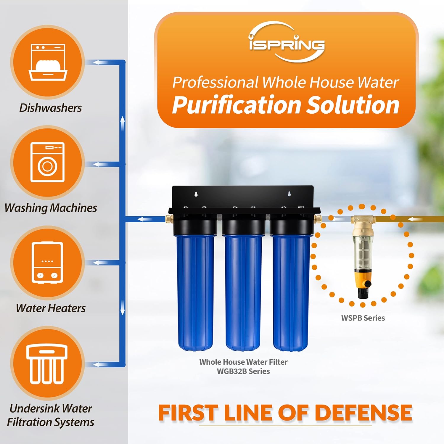iSpring WSP100B Large Reusable Whole House Spin Down Sediment Water Filter with Built-in Housing Scraper and Brass Top Clear Housing, 100 Micron