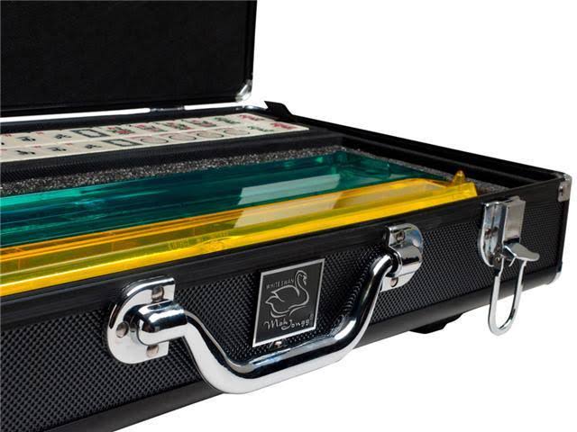 White Swan mAh Jongg - Ivory Tiles - Modern Pusher Arms - Wheeled Aluminum Case - Black