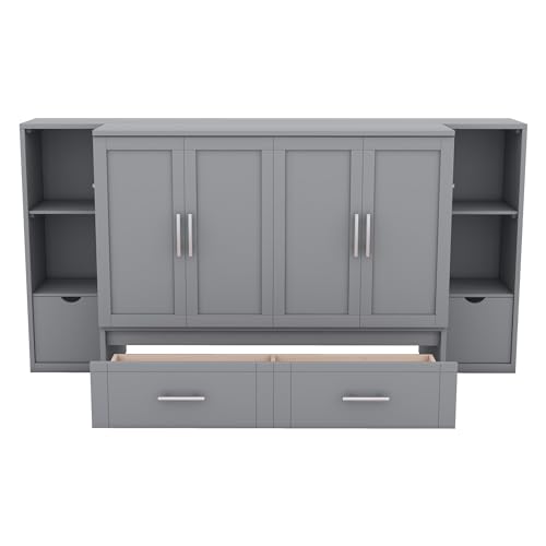 Full Size Murphy Wall Bed With Storage and Bookcase Headboard, Solid Wood Cabinets With Shelves, Drawers and USB Ports, Multi-Function Platform for Home Office, Guest Room - White