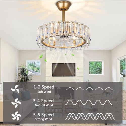 CXGLEAMING 42″ Modern Crystal Chandelier Fan with Lights Dimmable Crystal Ceiling Fans 3 Rings LED Fandelier, 6-Speed Flush Mount Ceiling Fan for Living Room Bedroom