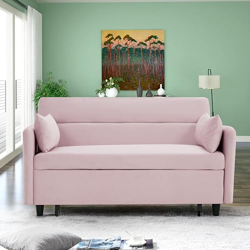 Sleeper Pullout Bed 3-in-1 Includes Two Pillows 54" Velvet Couch Sofa Reclining Backrest, Storage Pockets – Modern with Small Space for Living Room, Pink