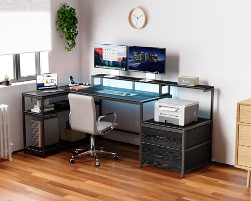 L Shaped Gaming Desk with Drawes,Computer Desk with Led Lights & Power Outlets, Reversible Home Office Desk with Shelves White