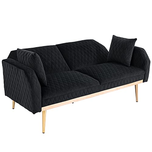 Modern Velvet Loveseat,Convertible Sleeper Futon Sofa Bed with Metal Legs and 2 Throw Pillows for Living Room, Bedroom (Black)