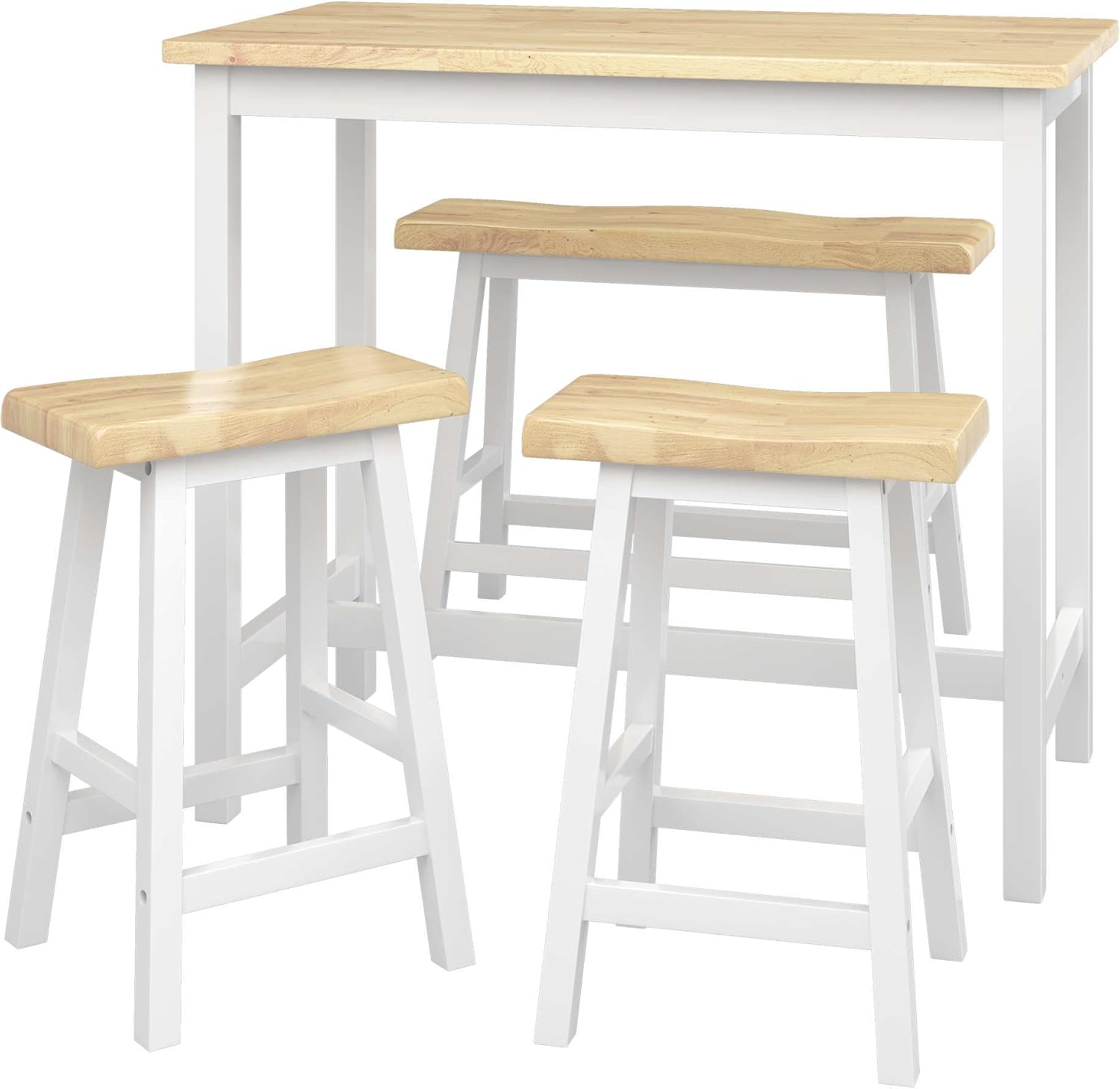 Modern Bar Dining Table Set for 4 All Rubber Wood Kitchen Bistro Counter Height Table Bench Stool for Dining Room Small Space Natural Color & White