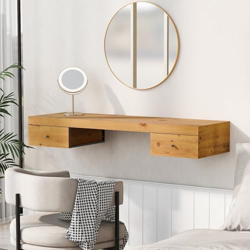 Floating Desk with Drawers - Floating Makeup Vanity with Wall Mounted Design and 2 Sliding Storage Drawers, Wall Mounted Desk with Wood Grain Decals, Floating Table for Wall (Natural)
