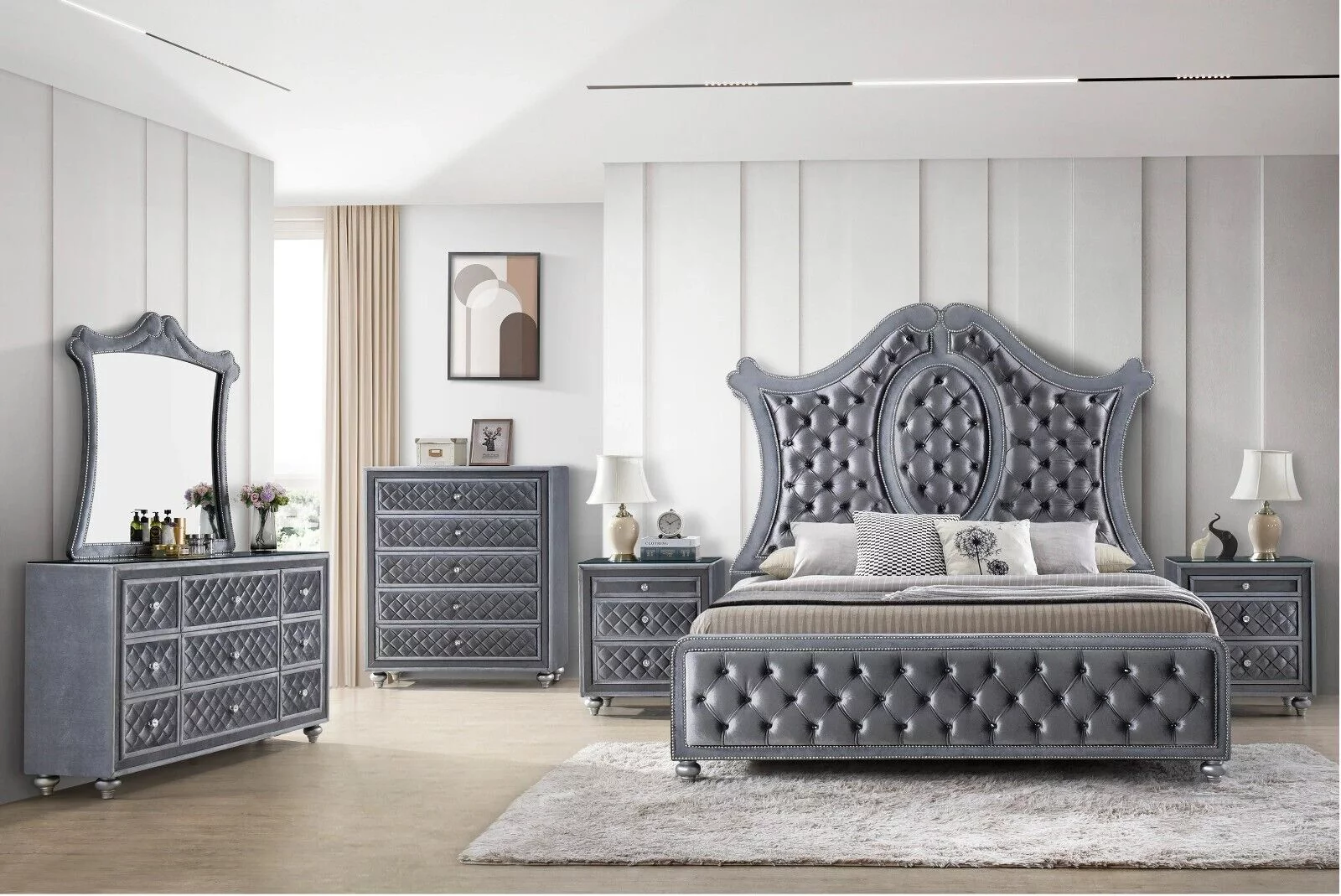 4pc Traditional Upholstered Queen Size Panel Bed Set Arched Headboard Master Bedroom Furniture