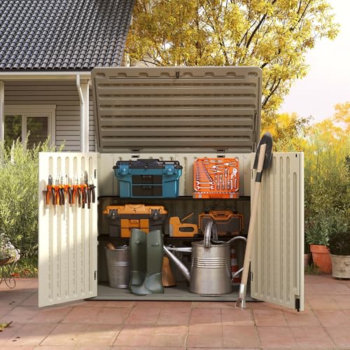Vertical Resin Storage Shed, 60 Cuft Garden Tool Sheds & Outdoor Storage, Plastic Outdoor Storage Cabinet Waterproof, 4.5 x 2.3 ft Backyard Outside Lawn Mower Storage Shed, White
