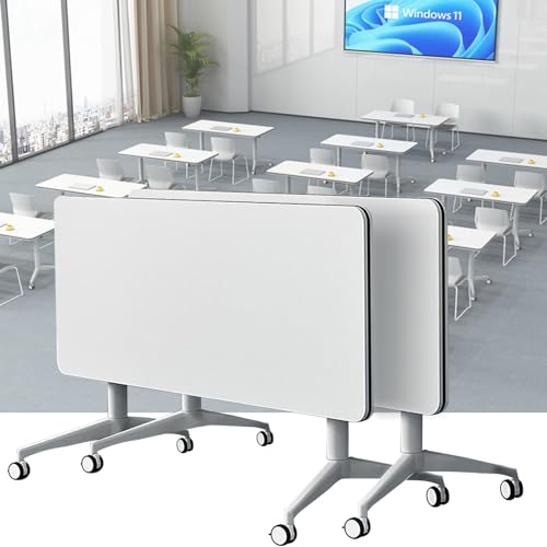 4Pcs White Conference Table, Foldable Meeting Tables, 140CM Conference Training Rooms Flip Top Mobile Training Table, Rolling Meeting Table with Caster Wheels, Suitable for Office,classr(4Pcs-180CM)