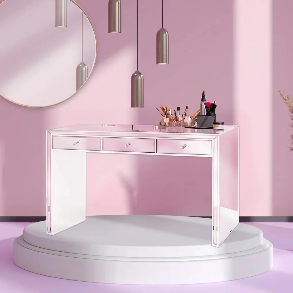 Impressions Vanity Leah Mirrored Vanity Table with 3 Pull Out Storage Drawers (White)