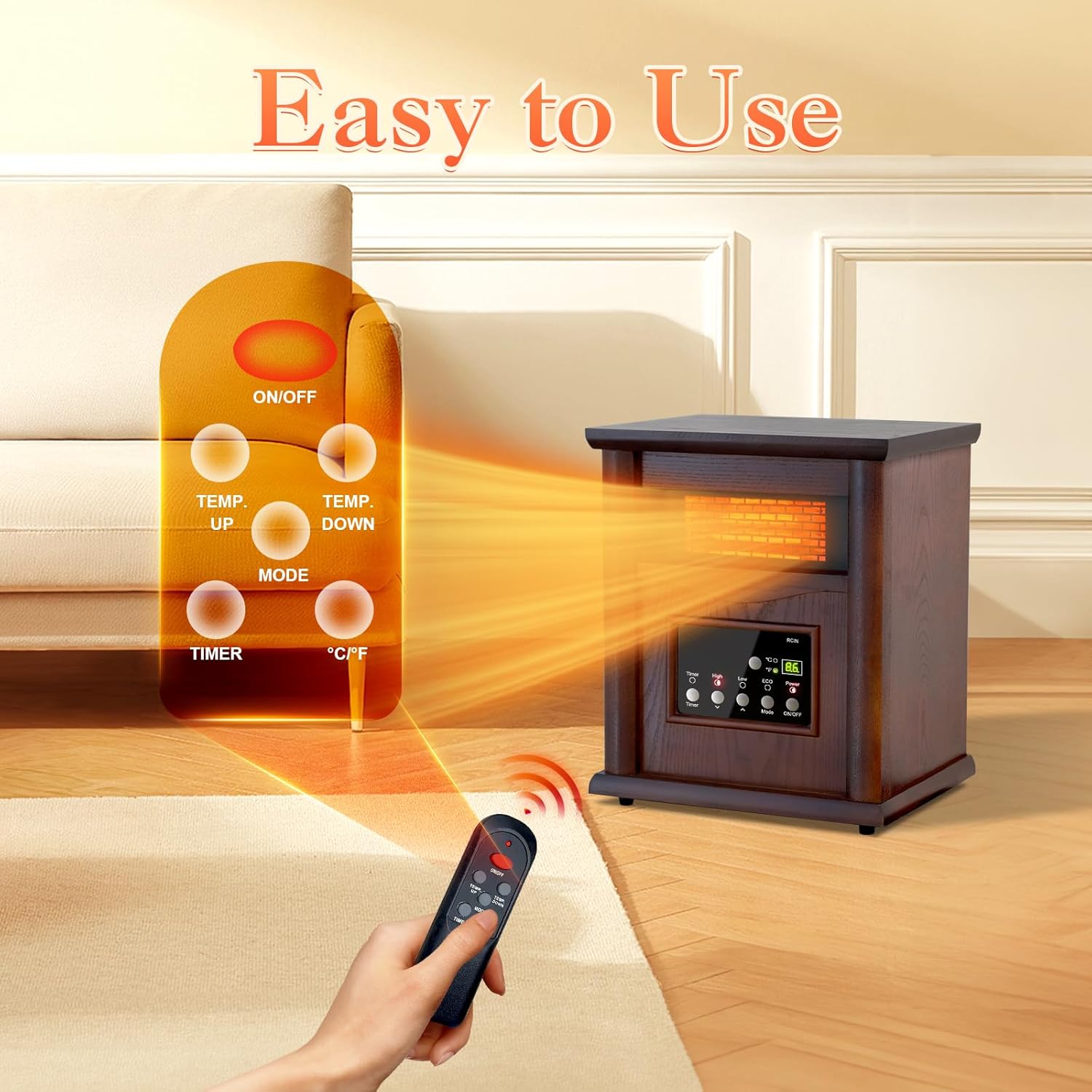 Lifeplus 1500W Electric Infrared Space Heater, Quartz Heater for Indoor Use, Tip-Over & Overheat Protection with Remote Control, 3 Heat Settings, 12H Timer for Large Room Basement Heating