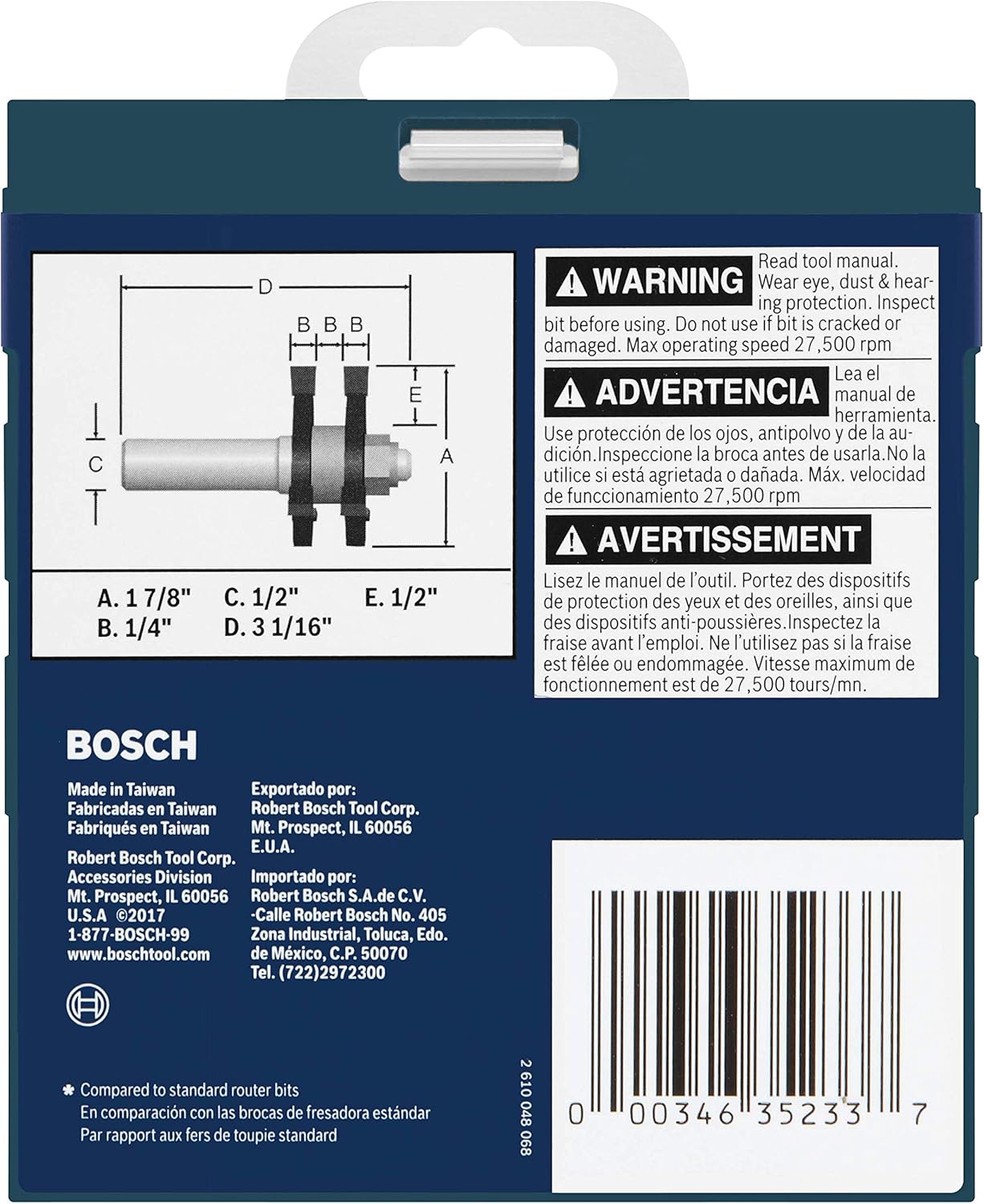 BOSCH 84624MC 1-7/8 In. x 1/4 In. Carbide-Tipped Tongue and Groove Router Bit Pack of 2