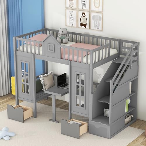 Full Over Full Bunk Beds with Stairs for Kids/Teens, Wooden Convertible Bunk Bed with 2 Storage Drawers, Down Bed Can be Turned Into Desk and Seat, White