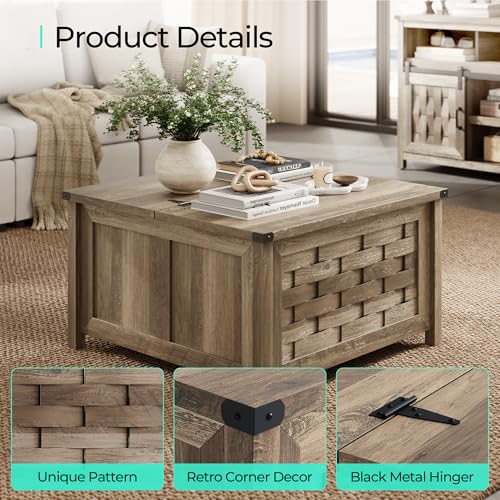 LINSY HOME Farmhouse Coffee Table, 31.5" Square Center Table with Large Hidden Storage, Rustic Cocktail Table with Hinged Lift Top for Living Room, Light Brown