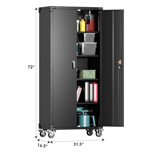 Metal Storage Cabinet with Wheels, 71" Tall Garage Storage Cabinet with 5 Tier Shelves and Locking Doors, Rolling Tool Cabinet for Garage Home Office Utility Room