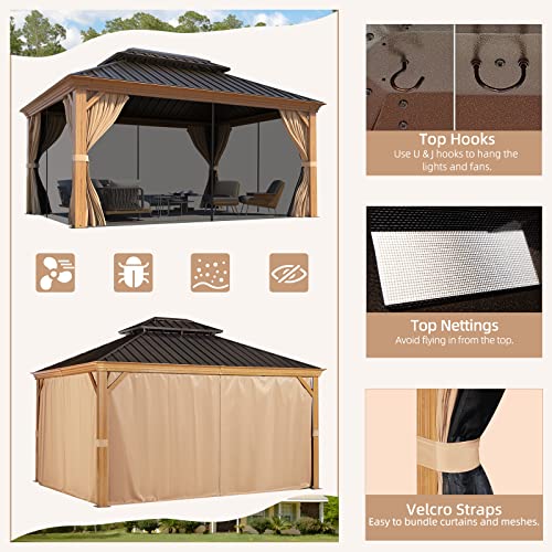 MELLCOM 12'x16' Hardtop Gazebo, Galvanized Steel Metal Double Roof Canopy with Curtains and Netting, Brown Permanent Pavilion Gazebos with Aluminum Frame for Garden, Patio, Lawns, Deck