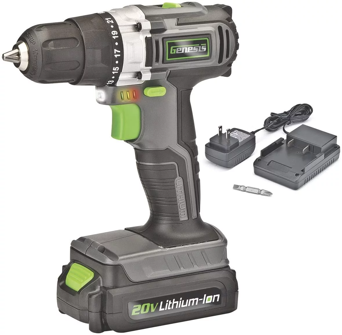 Genesis GLCD2038A 20V Lithium-ion Battery-Powered Cordless Variable Speed Drill Driver with 3/8" Chuck, Built-In LED Work Light, 20V Battery, Charger and Double-Ended Screwdriver Bit, Grey/Black/Green - Curated Treasures Market