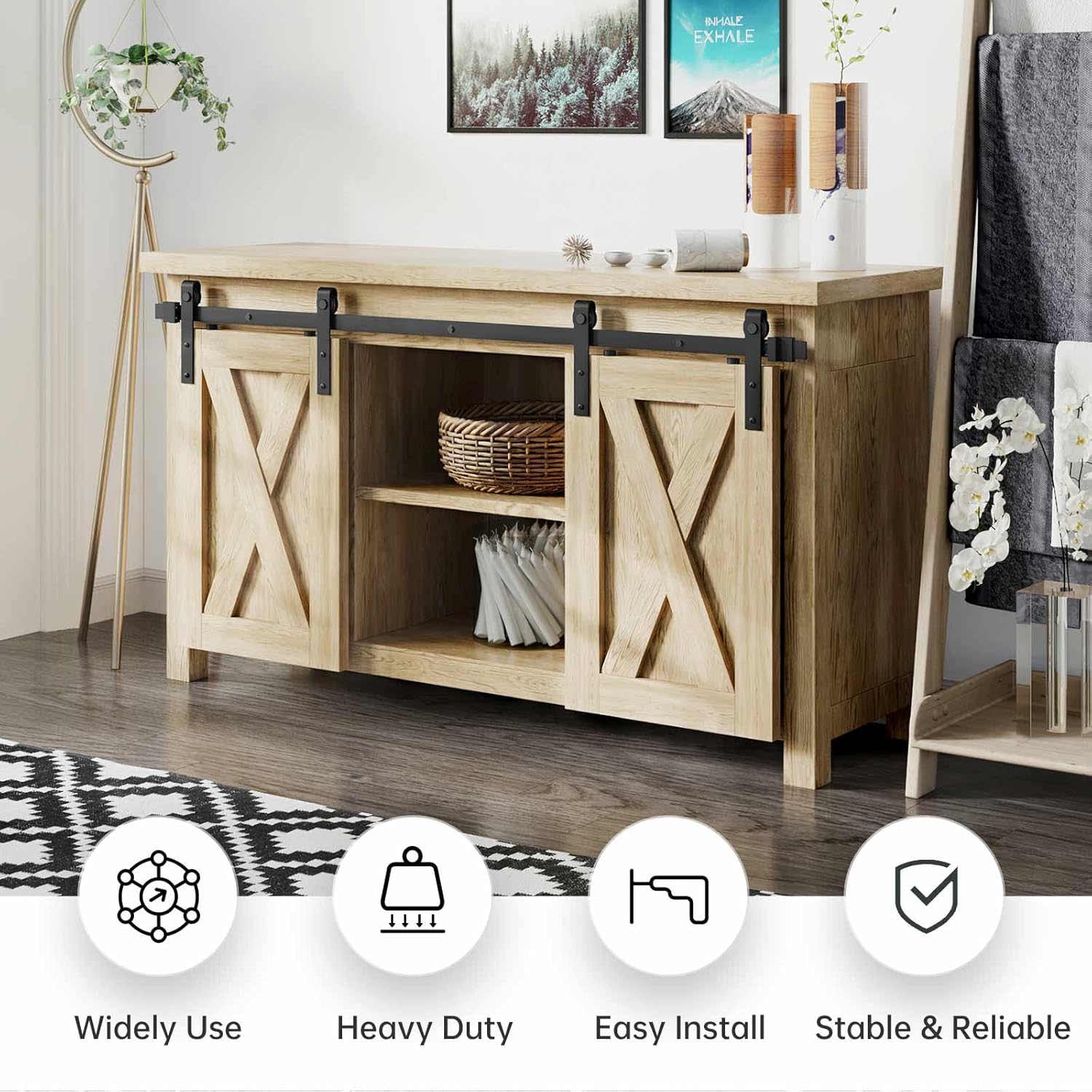 EaseLife 5 FT Cabinet Mini Sliding Double Barn Door Hardware Track Kit,Easy Install,Slide Smoothly Quietly,Apply for Storage Window TV Stand and Other Shielding (No Cabinet)