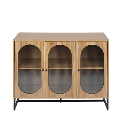 Henf Sideboard Buffet Cabinet with 3 Fluted Glass Doors, Modern Wood Kitchen Storage Cabinet Sideboard w/Height-Adjustable Shelf, Accent Console Table for Kitchen Dining Living Room Hallway Office
