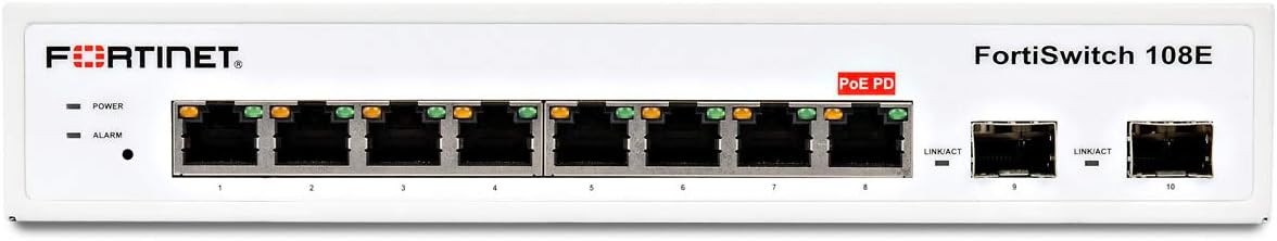 Fortinet | FS-108E | FortiSwitch-108E L2 Switch - 8 x GE RJ45 Ports, 2 x GE SFP, Fanless line AC and PSE Dual Powered L2+ Management Switch, FortiGate Switch Controller Compatible.