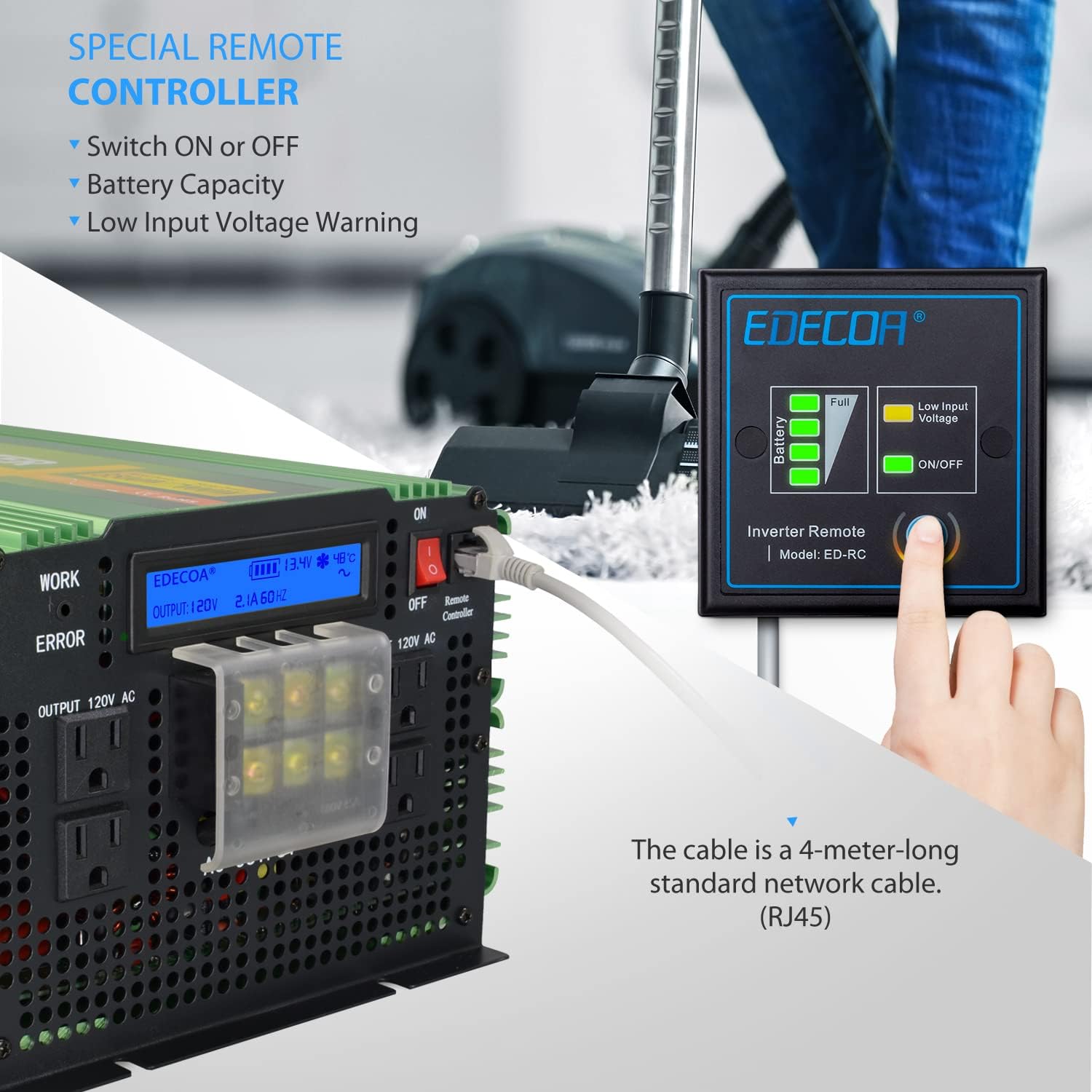 EDECOA Pure Sine Wave Power Inverter 3500W DC 12V to AC 120V with LCD Display and Remote Controller 4 AC Outlets and 1 AC Terminal Block