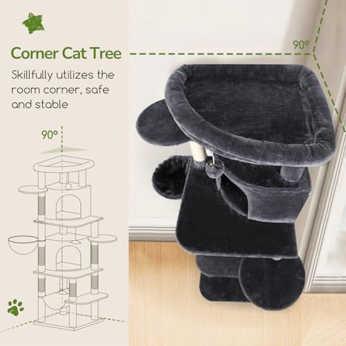 Globlazer Corner Cat Tree for Large Cats, 66inch Tall Curved Series Large Cat Tower for Multiple Indoor Cats with 6 Scratching Posts, 2 Spacious Cat Condos, Hammock, Hanging Basket, C66, Beige
