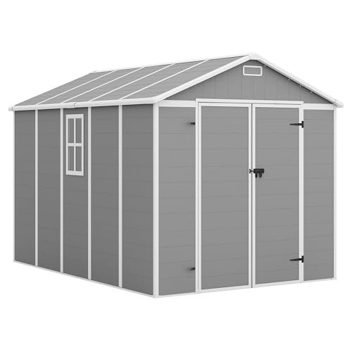 Outdoor Storage Shed, 6x6 FT Resin Shed with Floor and Lockable Door, Window, Vents, Tool Sheds and Outdoor Storage for Bike, Garden Accessories, Tools, Waterproof (Grey & White)