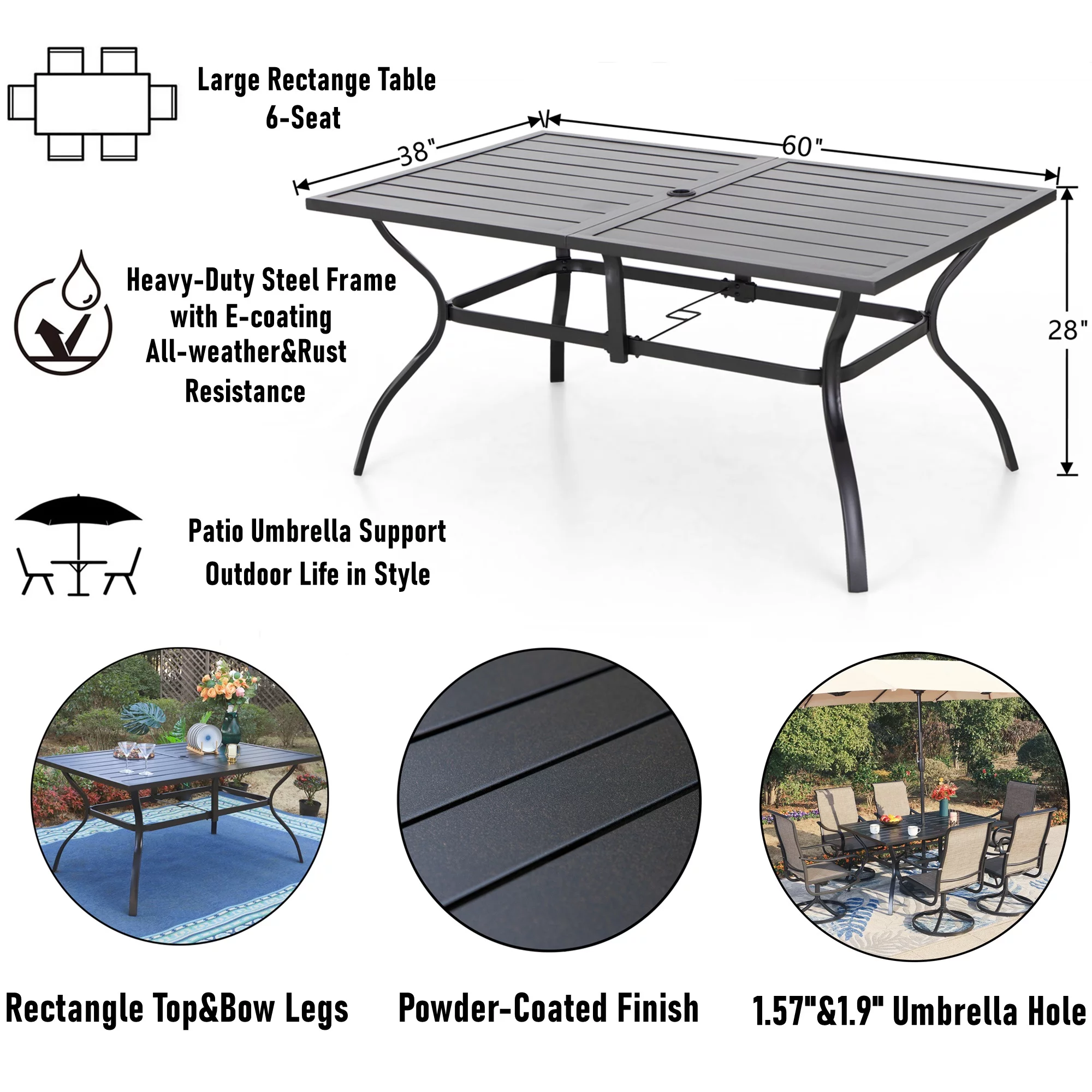 MF Studio 7-Piece Outdoor Dining Set with Swivel Cushioned Chairs & Rectangle Table for 6-Person, Black & Beige