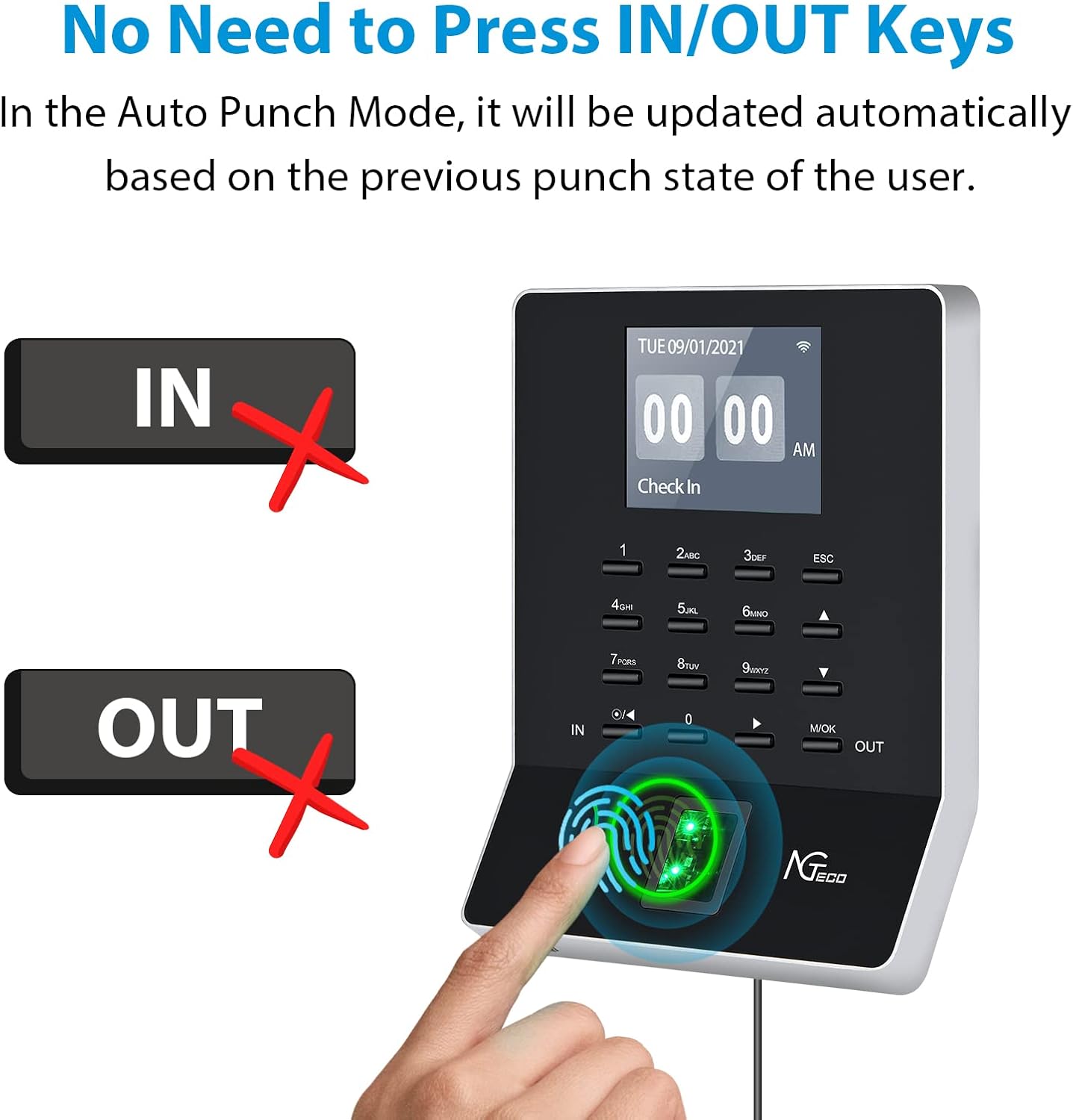 Time Clocks for Employees Small Business, NGTeco W3 WiFi Biometric Fingerprint Time Card Machine, Office Punch Clock Automatic in and Out with APP for iOS Android (0 Monthly Fees)