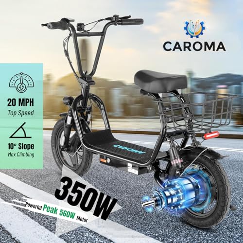 Caroma Peak 500W/800W/1200W Electric Scooter with Seat, Max 15/20/30Miles Range&20MPH, 14" Tires Foldable Adult Electric Scooter with Basket for Pets & Cargo, Dual Shock Absorbing Ebike for Commuting