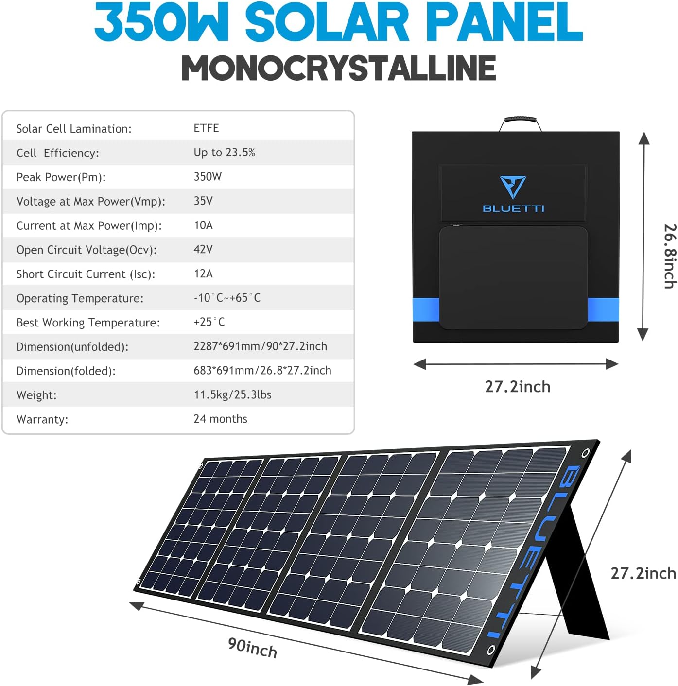BLUETTI SP350 350W Solar Panel for AC200MAX/AC200P/AC300/EB240/EB150 Portable Power Stations with Adjustable Kickstand, Foldable Solar Power Backup for Outdoor Camping,Off Grid System