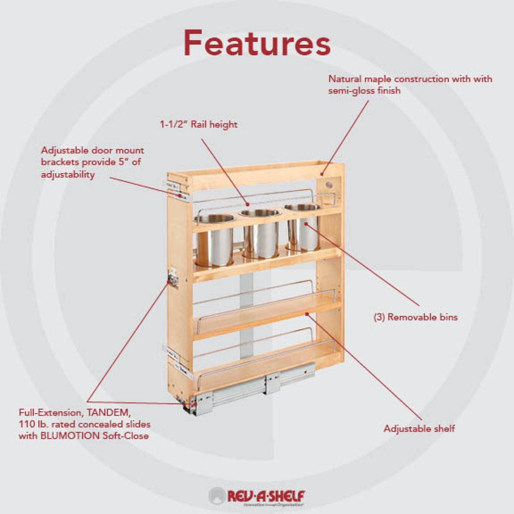 Rev-A-Shelf 6.25 in Base Cabinet Organizer w/ 3 Utensil Bins