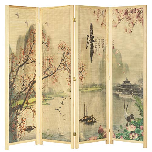 MyGift 4-Panel Folding Bamboo Room Divider Asian-Inspired Cherry Blossom Scene, 6 FT Freestanding Floral Artwork Room Partitioner with Beige Wood Frame