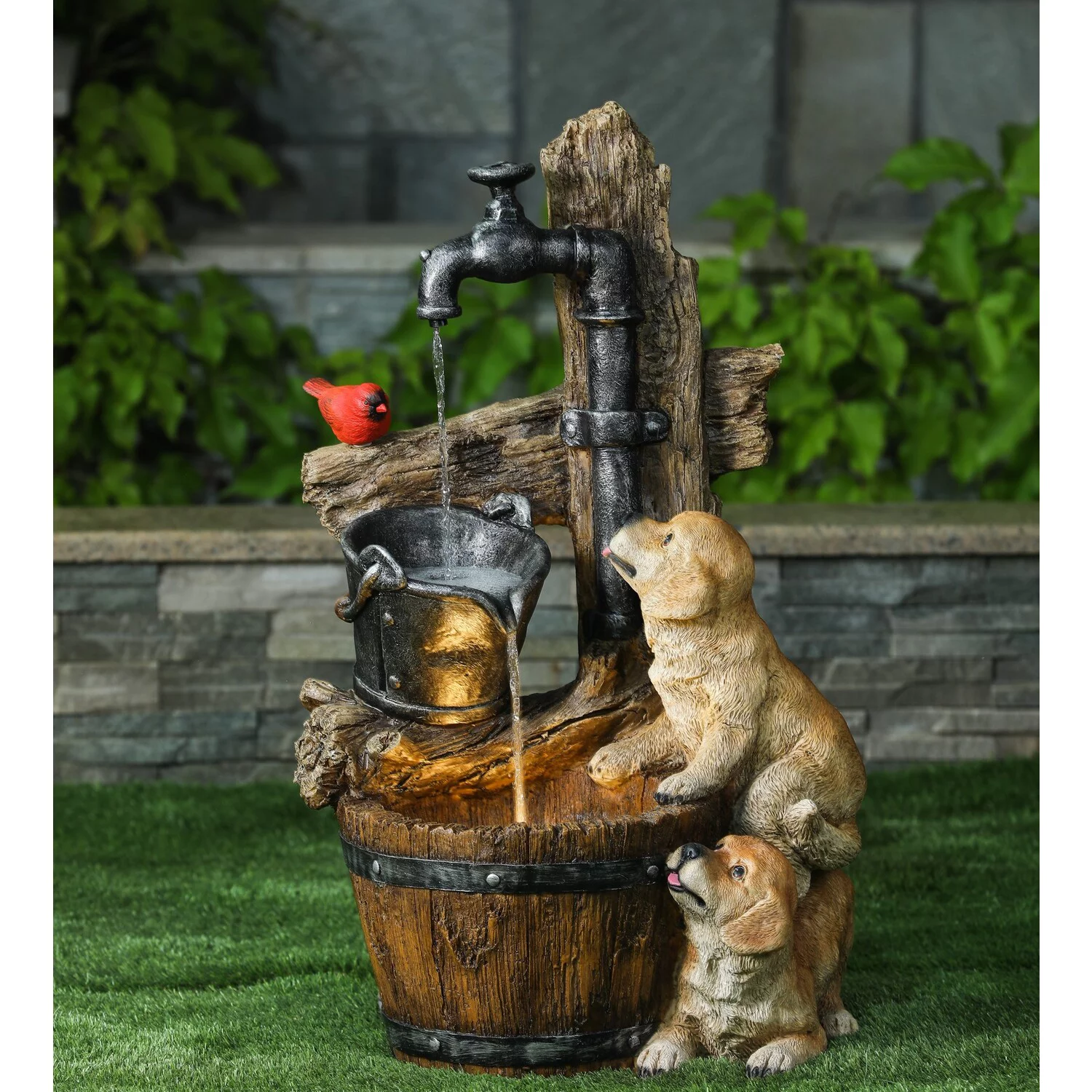 Resin Puppies and Water Pump Outdoor Fountain with LED Light