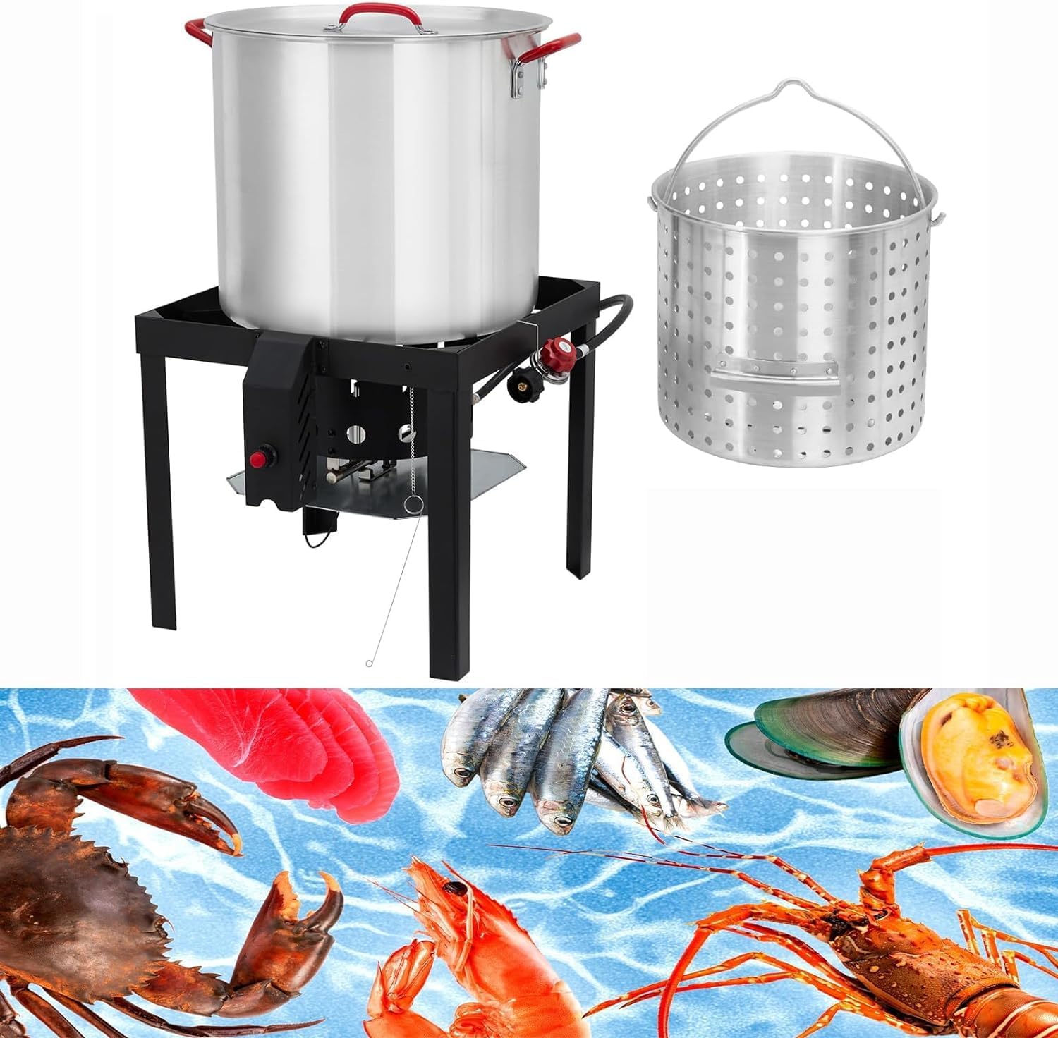 80 Qt Seafood Boil Pot, Aluminum Crawfish Boiler with Steam/Boil Basket & Strainer, 110000BTU Propane Jet Burner w/Support Rack & Lifting Hook, 0-10 PSI Regulator, Outdoor Cooking Shrimp Crab Boiler