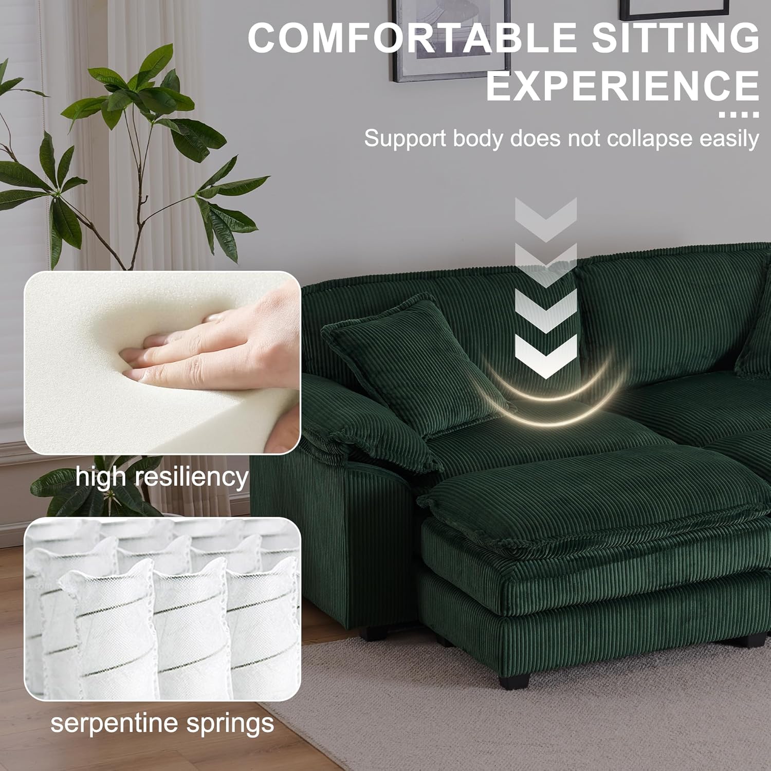 Oversized Convertible Sleeper Sofa Indoor, Deep Seat Chaise Lounge Chair, 2 Layer Thicken Upholstered Sleeper Sofa with Ottoman & Pillows, 84.6" W Loveseat Sofa for Living Room (Green)