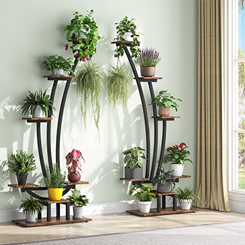 Tribesigns 6-Tier Tall Indoor Plant Stand Pack of 2, Metal Curved Display Shelf with 2 Hanging Hooks, Multi-Purpose Bonsai Flower Pots Plant Rack for Indoor, Garden, Balcony, Living Room