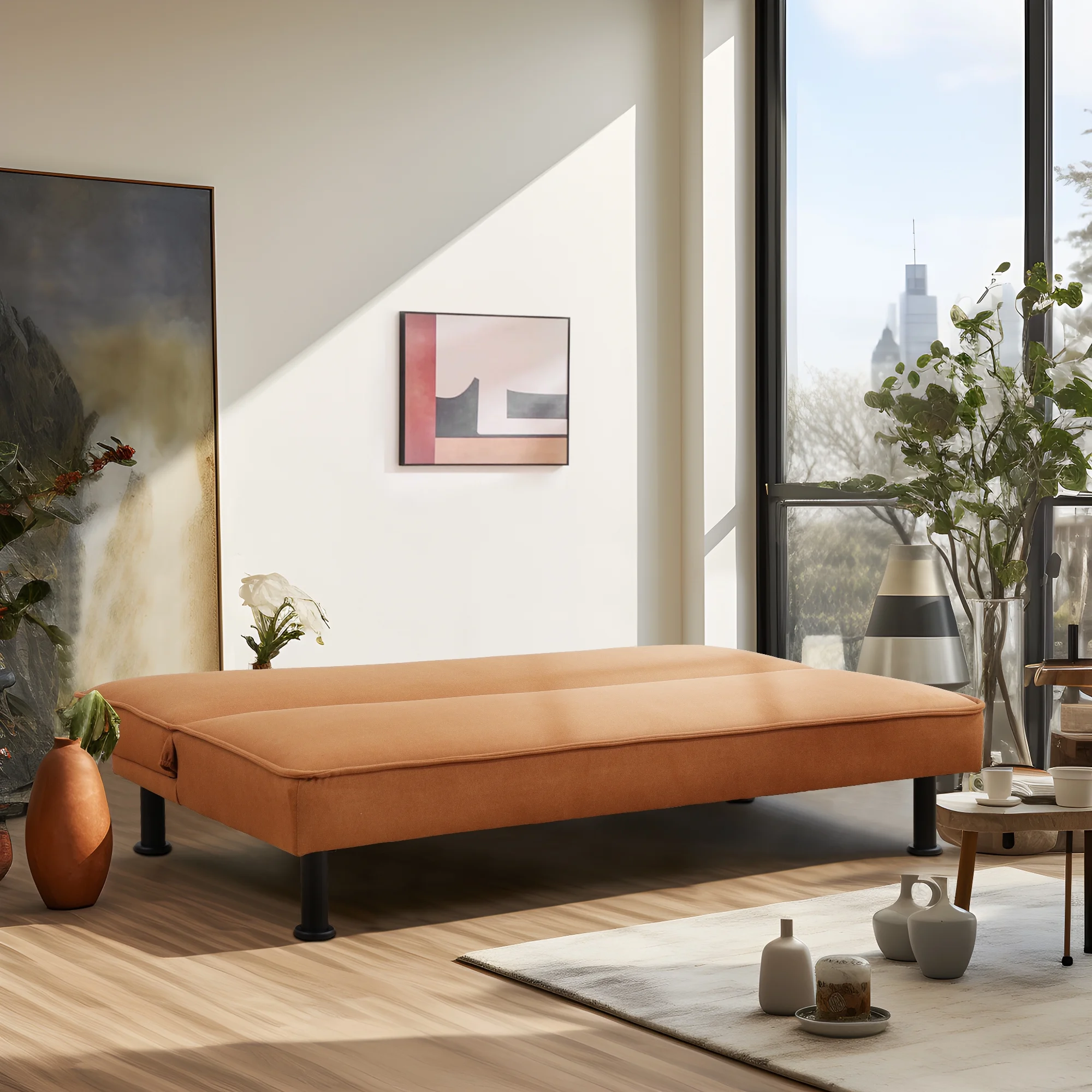 Convertible Sleeper Futon Sofa Bed Small Euro Lounger Daybed Couch for Living Room Bedroom Flannel Light Coffee
