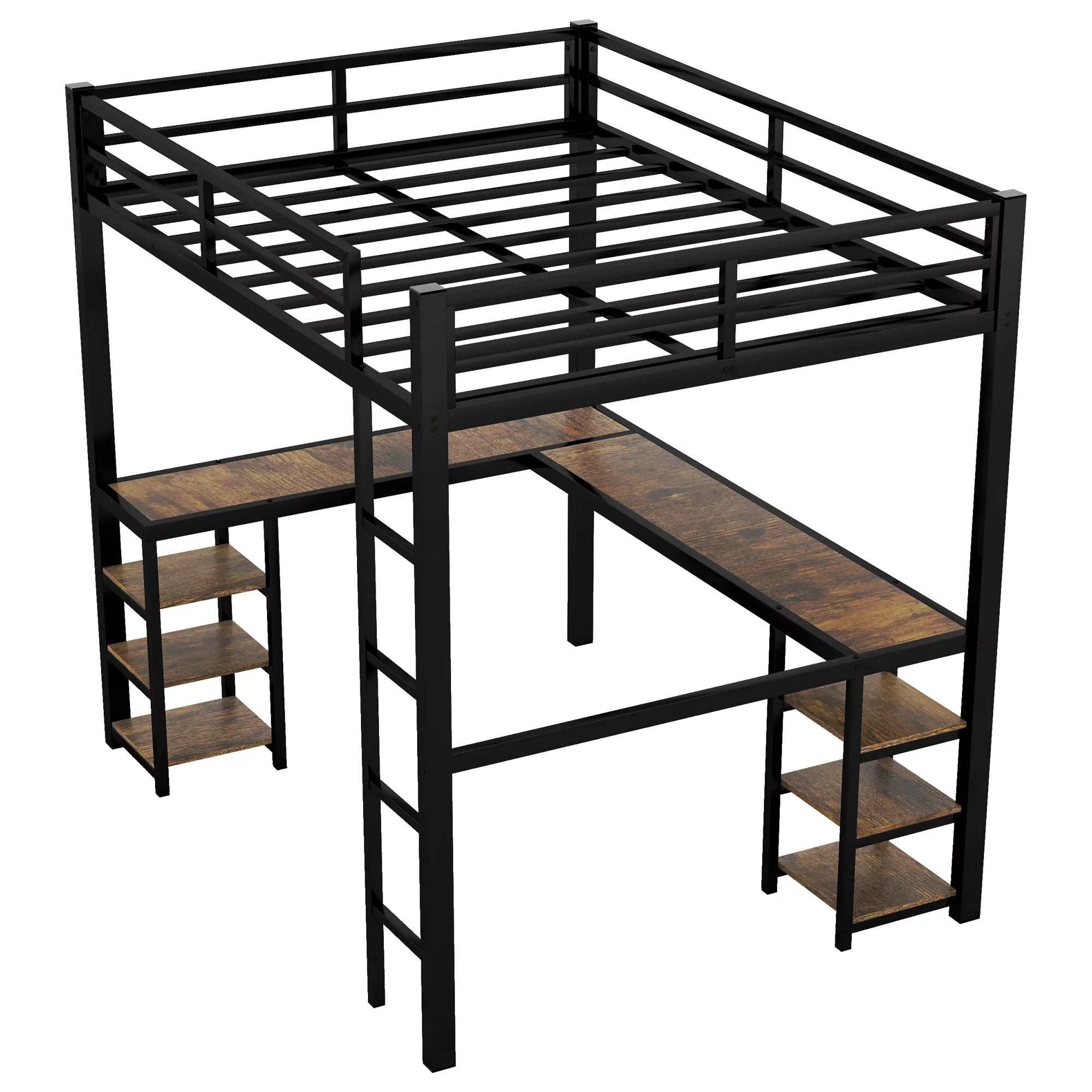 Bellemave Full Size Loft Bed with Desk and Shelves, Metal Heavy-Duty Steel Loft Bed Frame Built-in Ladder for Boy Girls Teens Kids Adults(Black）