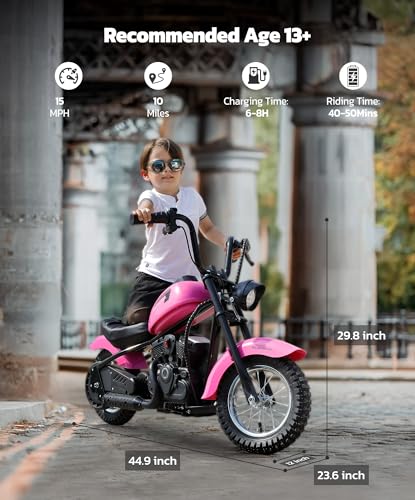 ELEMARA Electric Dirt Bike, 15 mph & 150lb Max, 24V Ride on Toy for Big Kids w/LED Lights & Power Display, Chain-Driven Motor, Twist-Grip Throttle, Shock Springs, Handbrake, 12" Air-Filled Tires-Black