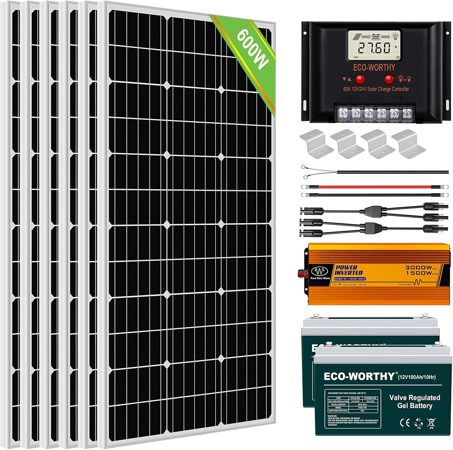 ECO-WORTHY 400 Watt 24 Volt Solar Panel Kit Off Grid with 4pcs 100W Solar Panels + 60A Charge Controller + Accessories Needed for RV, Cabins, Caravan, Shed，etc