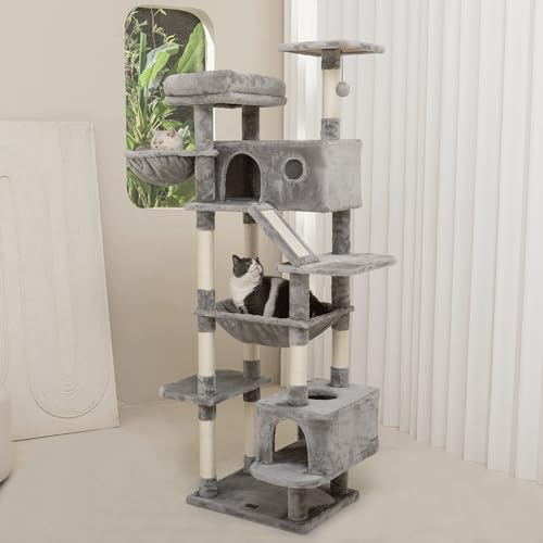 73 inches Large Cat Tree for Indoor Cats, Tall Cat Tower with Sisal Scratching Posts and Pads, Padded Plush Perch, Cozy Basket, Plush Condo for Large Cats, Beige
