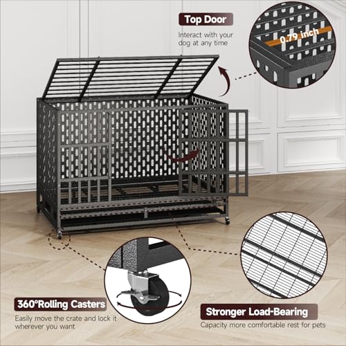 48/42 Inch Heavy Duty Indestructible Dog Crate Steel Escape Proof, Indoor Double Door High Anxiety Cage, Kennel with Wheels, Removable Tray, Extra Large XL XXL