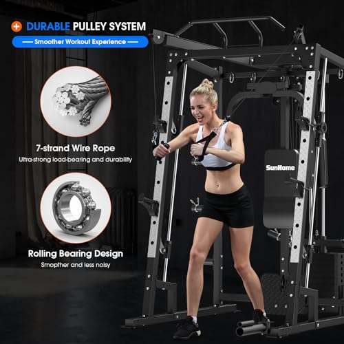 SunHome Smith Machine, 2000LBS Power Cage Squat Rack with Smith Bar, Two LAT Pull-Down Systems, Cable Crossover Machine and and More Cable Attachment for Home Gym