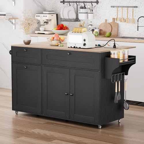 Kitchen Island on Wheels with Storage, Rolling Kitchen Islands with Drop Leaf&Power Outlet, Mobile Kitchen Island Cart with Trash Can Storage, Spice Rack, Towel Rack, Storages Cabinet ,Drawers